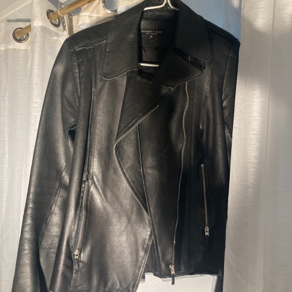 MOTO LEATHER JACKET W LACE TRIM PETITE! - Picture 2 of 5